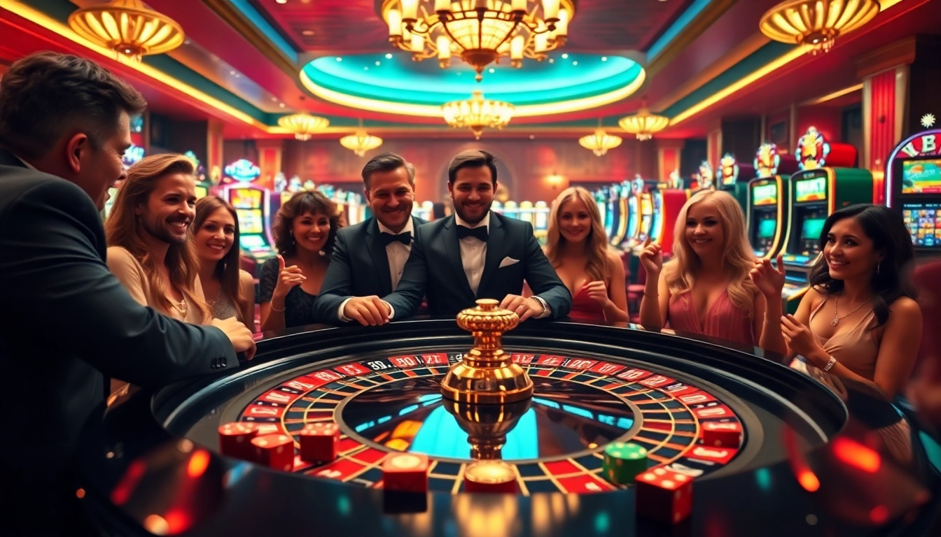 Luck8 players enjoy an exciting moment at a luxurious casino roulette table.
