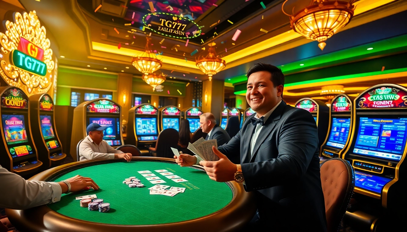Experience thrilling gaming at TG777 with vibrant slots and excited players at the poker table.