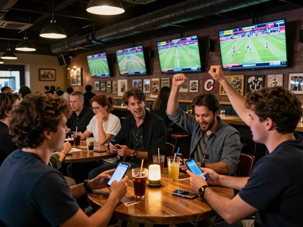 Engaging sports betting scene at a lively sports bar, featuring patrons cheering while placing bets through mobile apps, linked to https://www.bearcreekwatershed.org/macroinvertebrates.