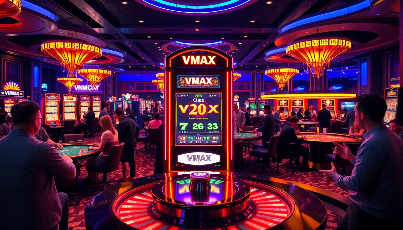 Players enjoying a thrilling game at the Vmax slot machine in a vibrant casino setting