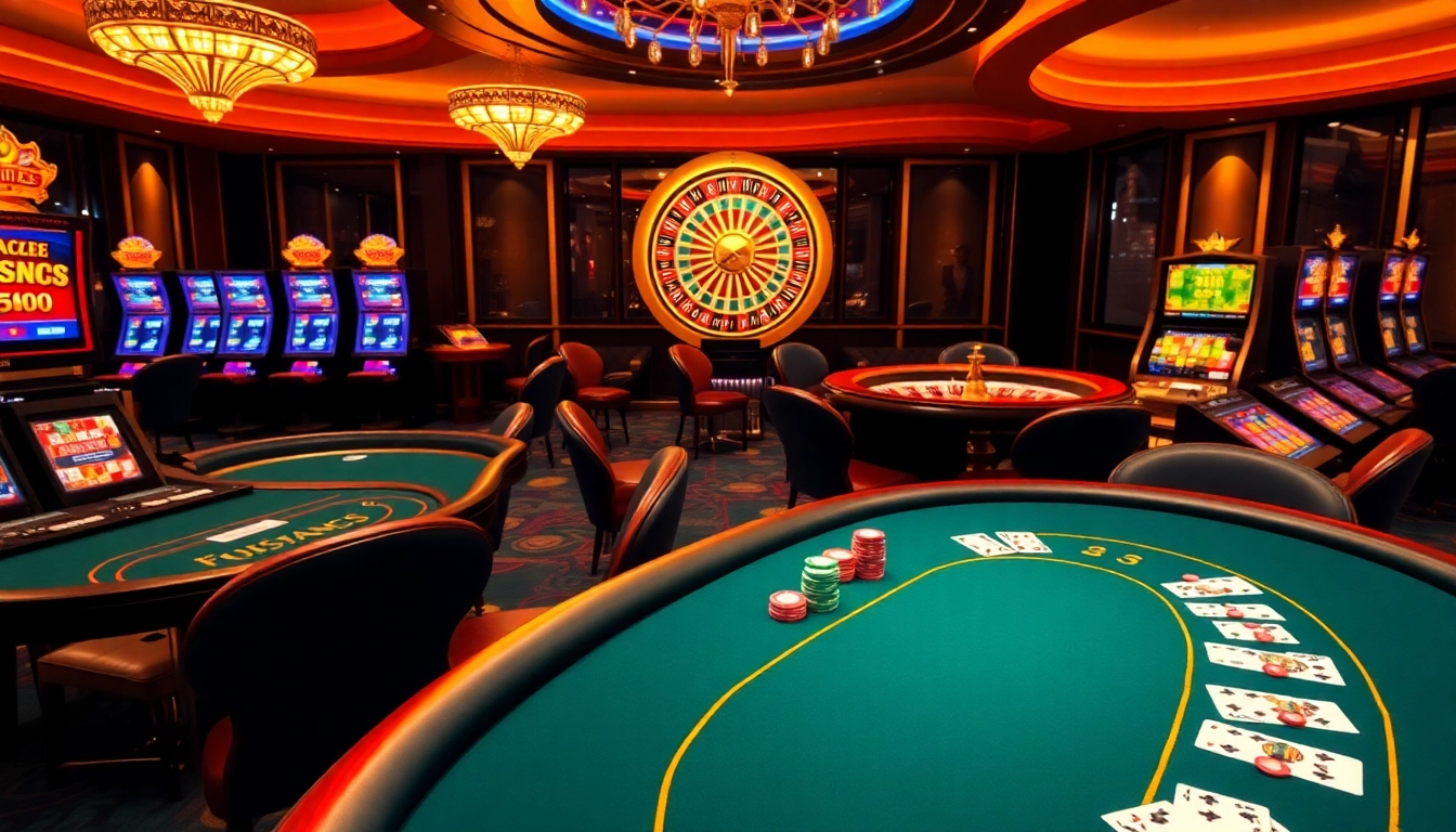 Engage with the excitement of gambling at https://win678.ac/ through a luxurious casino scene featuring poker tables and roulette.