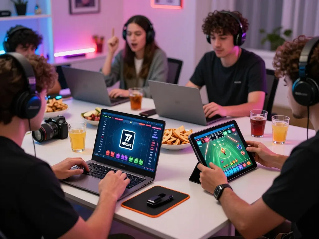 Engaged players enjoying a dynamic gaming experience with 789bet on various devices in a vibrant home setting.