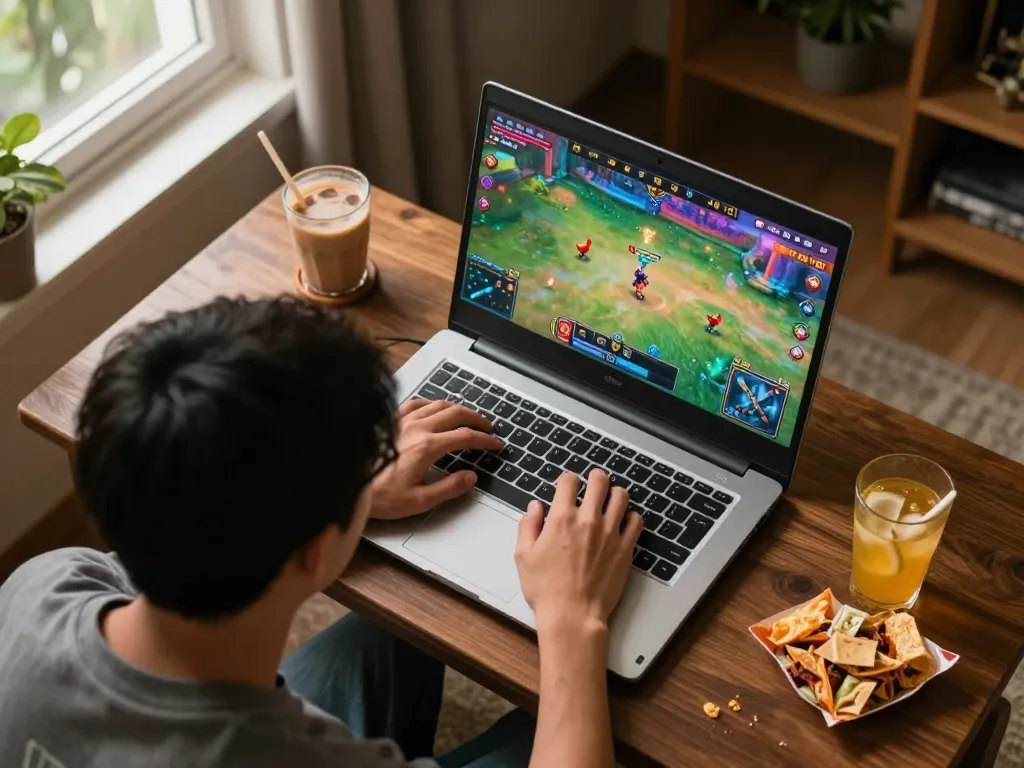 Watch Đá gà thomo live on a laptop during a cozy home gaming session, focused player and intense action.