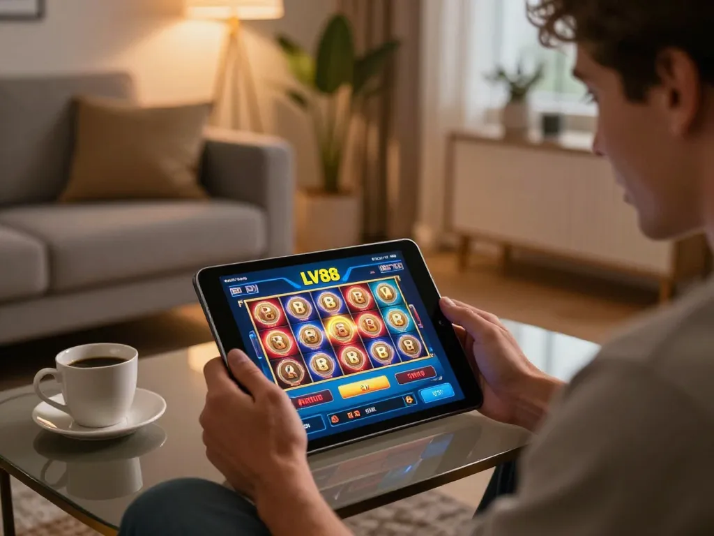 Player experiencing excitement while playing LV88 slots on a tablet at home, showcasing modern gaming setup.