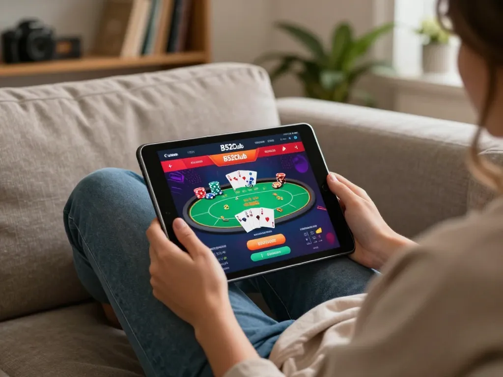 B52Club tablet gaming scene showcasing dynamic poker gameplay in a cozy home environment