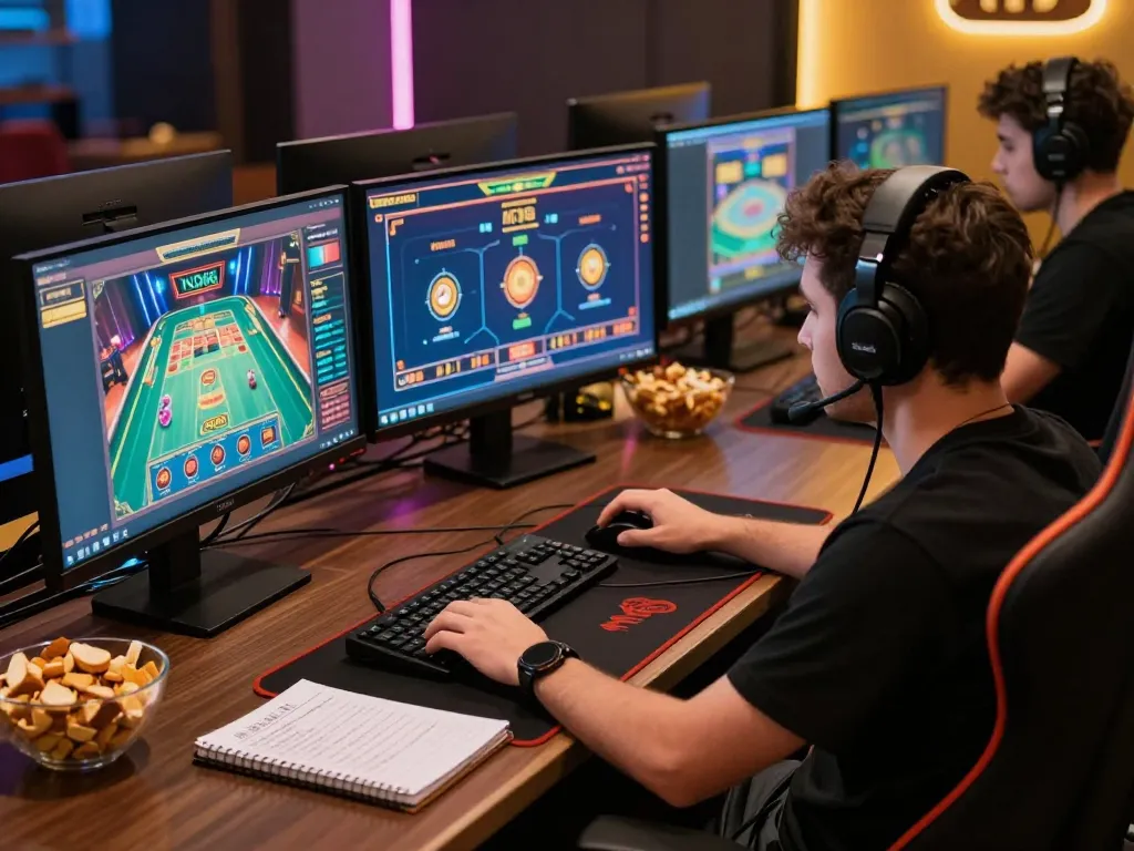 Focused gameplay at KO66 online casino, showcasing vibrant multi-screen setups and strategic notes.