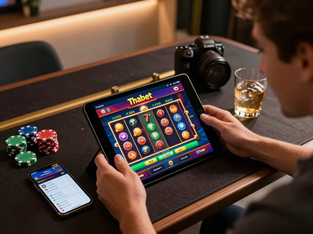 Engaging Thabet player using mobile app for online casino action highlighting strategic gameplay.