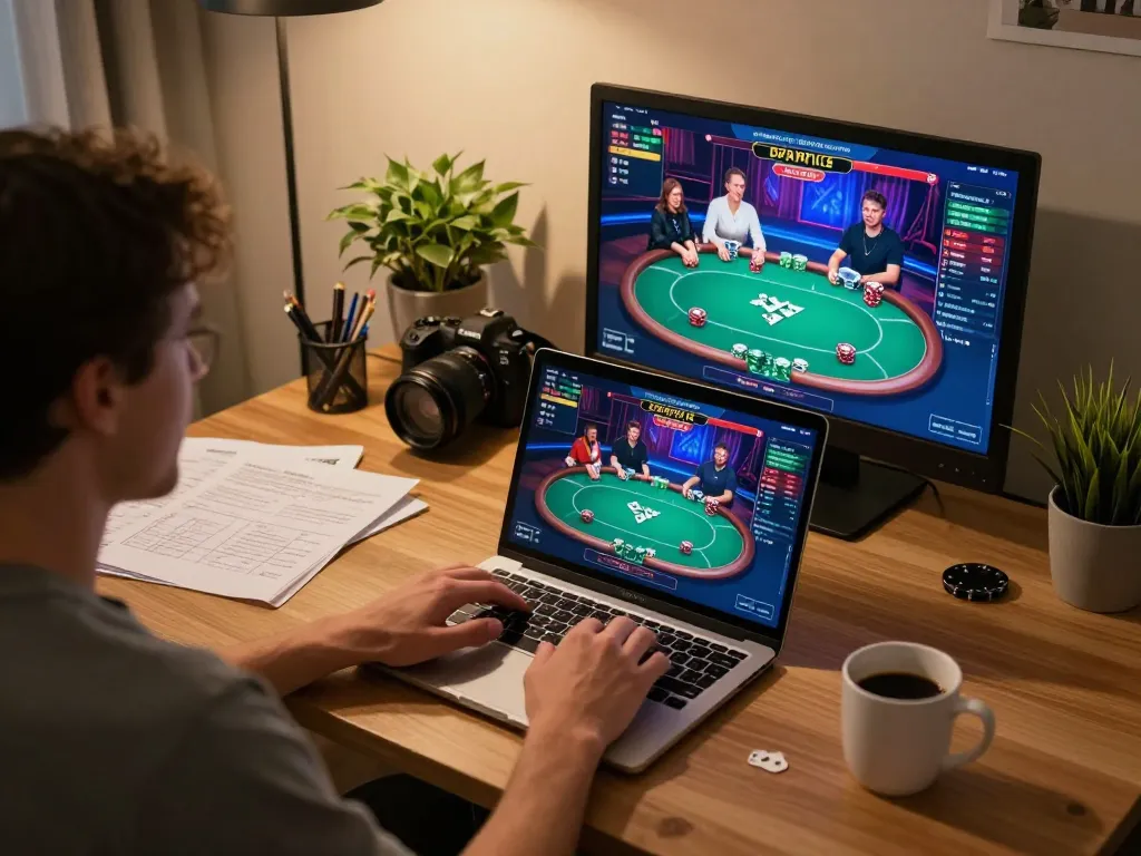 Engaging in a poker game on 789win from a cozy home workspace, showcasing online casino experience