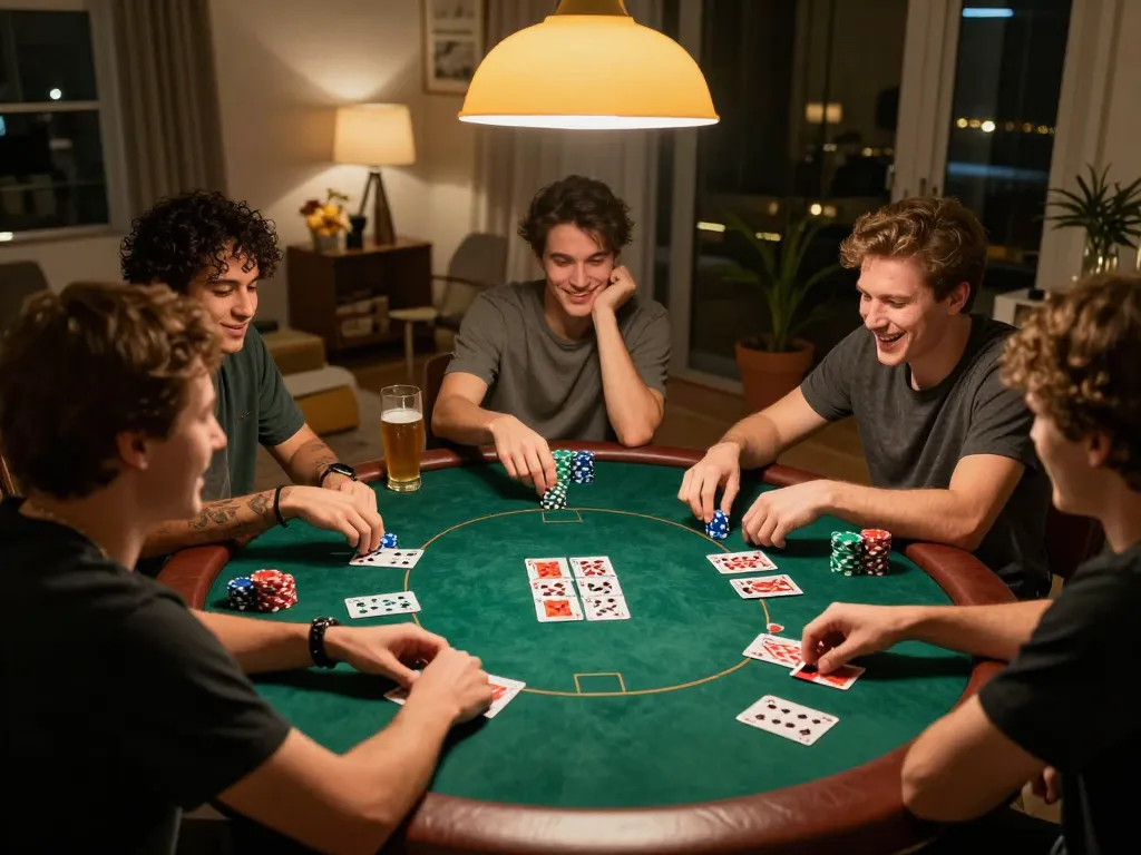 Enjoy an engaging moment of friends playing game bài đổi thưởng at home, with focused strategies visible.