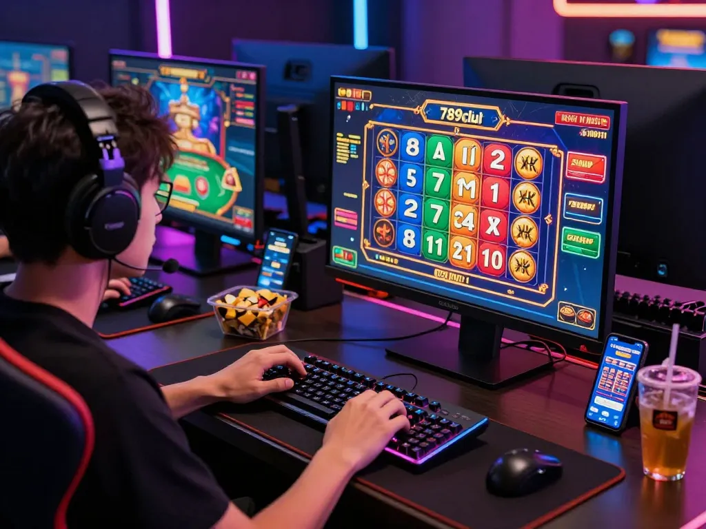 Engaged player enjoying an exciting gaming experience on 789club with vibrant screens and modern gaming setup.