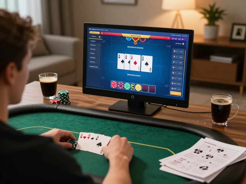 Engaged player strategizing in a nagapoker online poker game from a cozy home office
