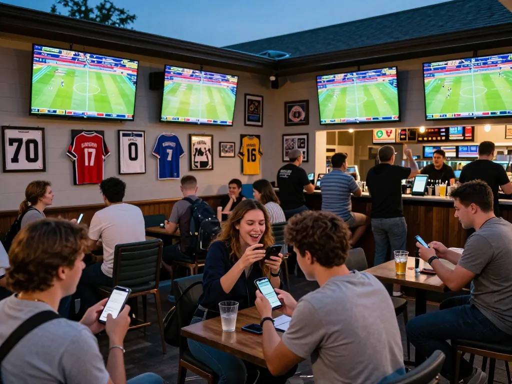 Fans excitedly placing bets at KO66 sports betting lounge during a sports event.