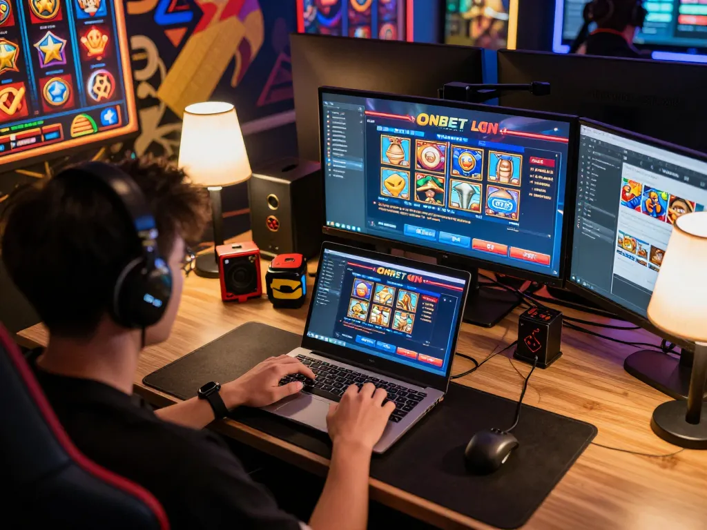 Exciting moment of a gamer using ONBET casino platform on laptop for online betting