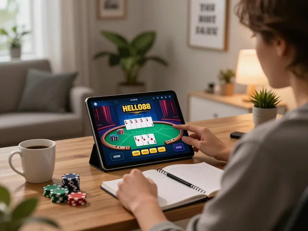 HELLO88 user engaging with poker game on tablet in a cozy home office setup, emphasizing strategic online gaming.