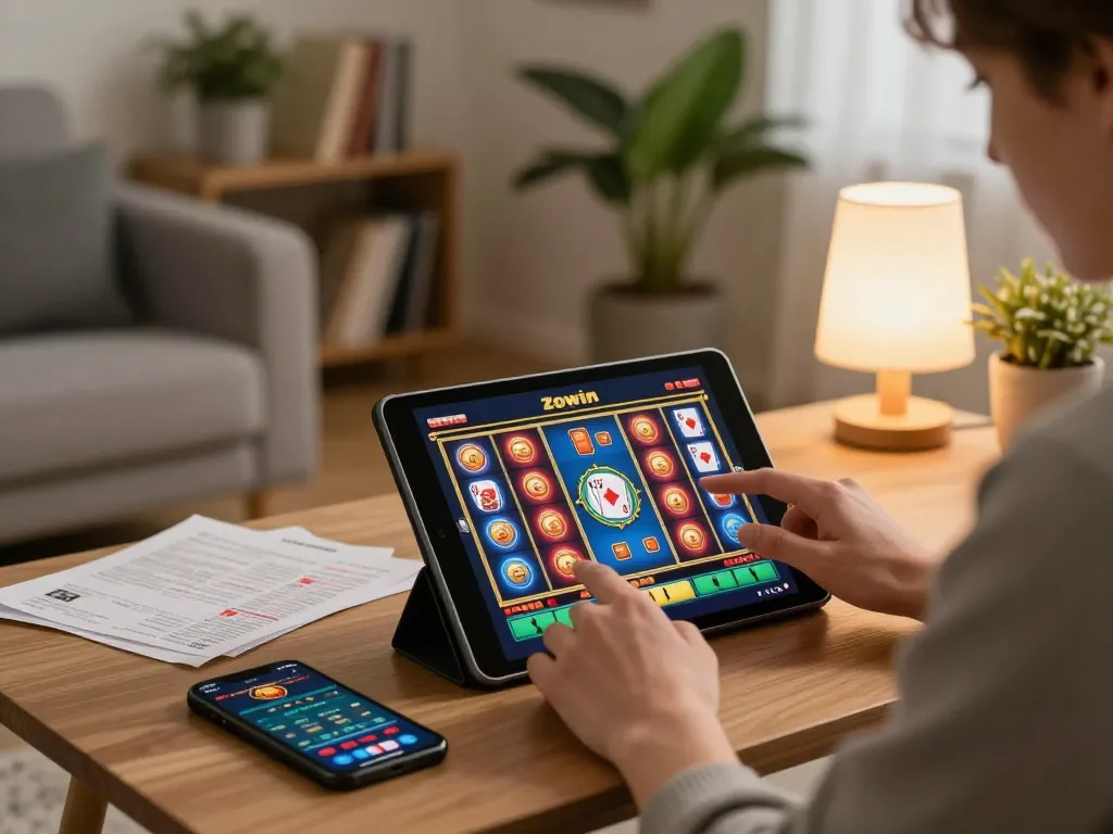 Zowin player strategizing during an online casino session with tablet and notes.