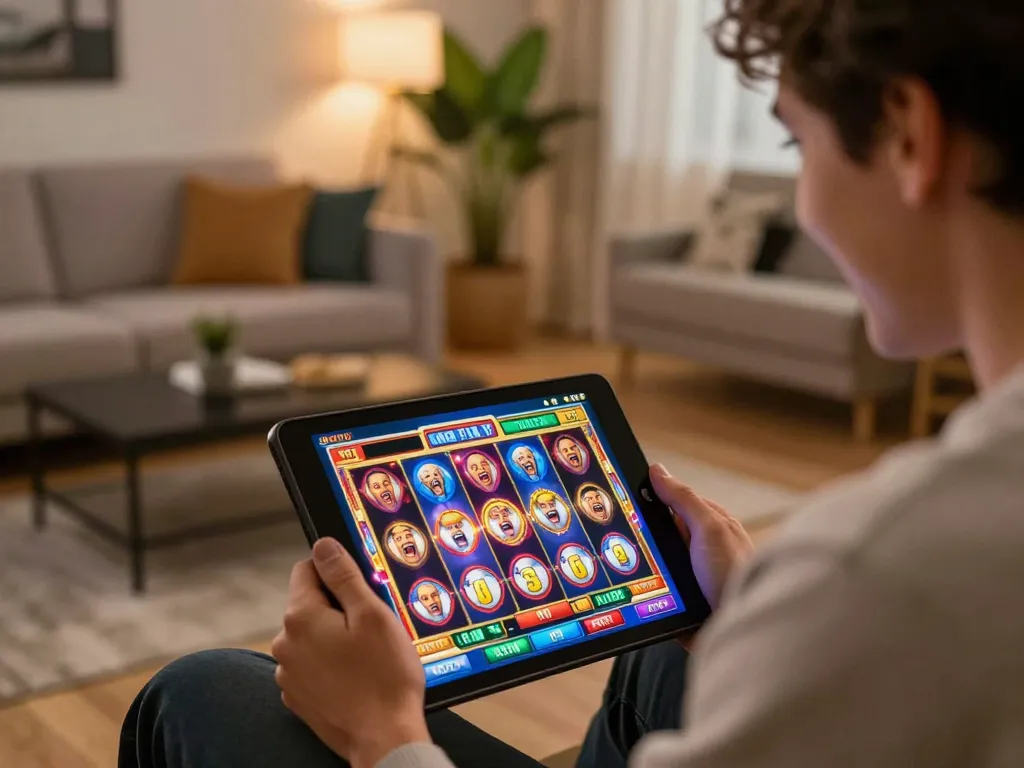 Player enjoying a thrilling slot game on WW88, celebrating a big win in a cozy home environment.