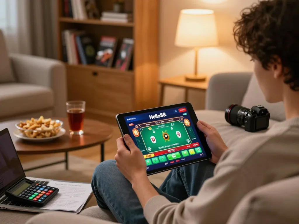 Player immersed in Hello88 online poker game on tablet during a cozy home evening.