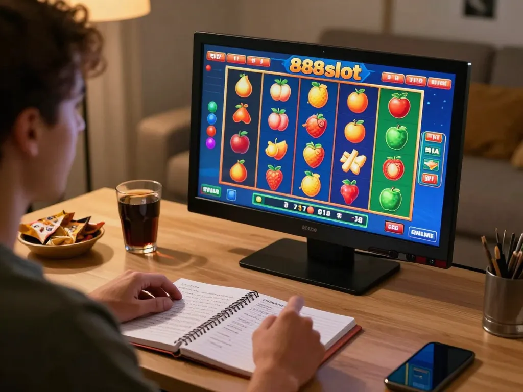Player enjoying 888slot games on a tablet with vibrant colors and strategic notes nearby.
