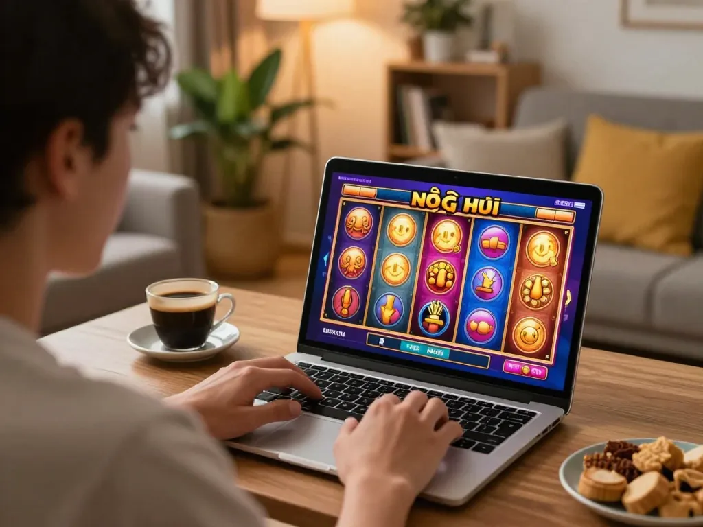Player enjoys nổ hũ gameplay on a laptop in a cozy home setting, reflecting responsible gambling atmosphere