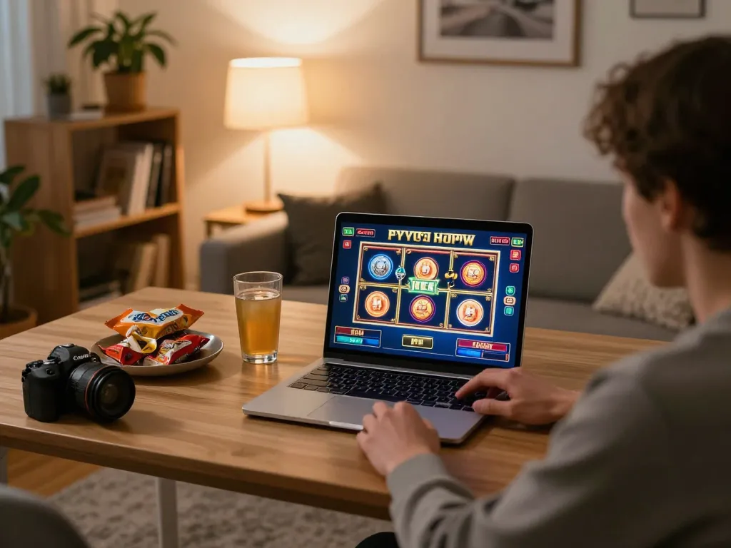 Engaging in Khung Giờ Quay Hũ online gaming at home, showcasing vibrant slot machine graphics on laptop