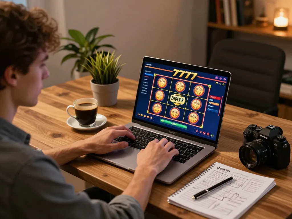 A user engaging with slot777 games on a laptop in a cozy home gaming setup.