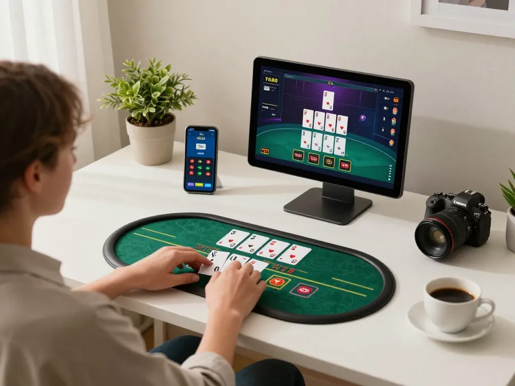 Person playing blackjack on Tx88 app in a modern home setting, showcasing online gaming experience.
