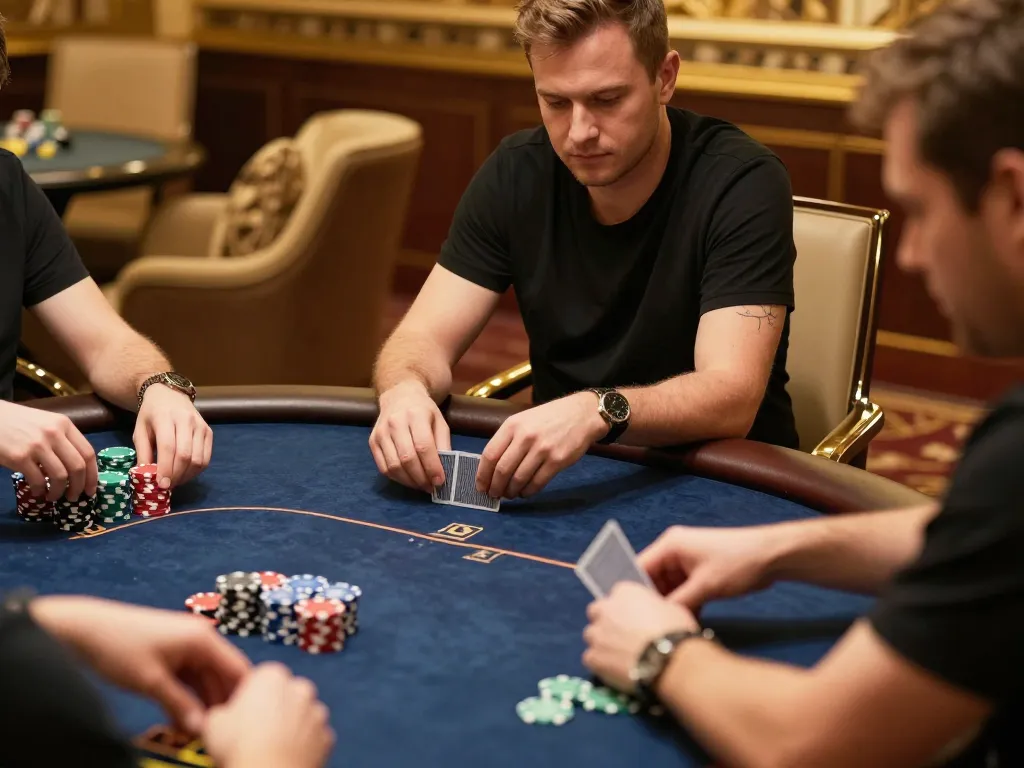 33win players strategizing in high-stakes poker game with luxury surroundings