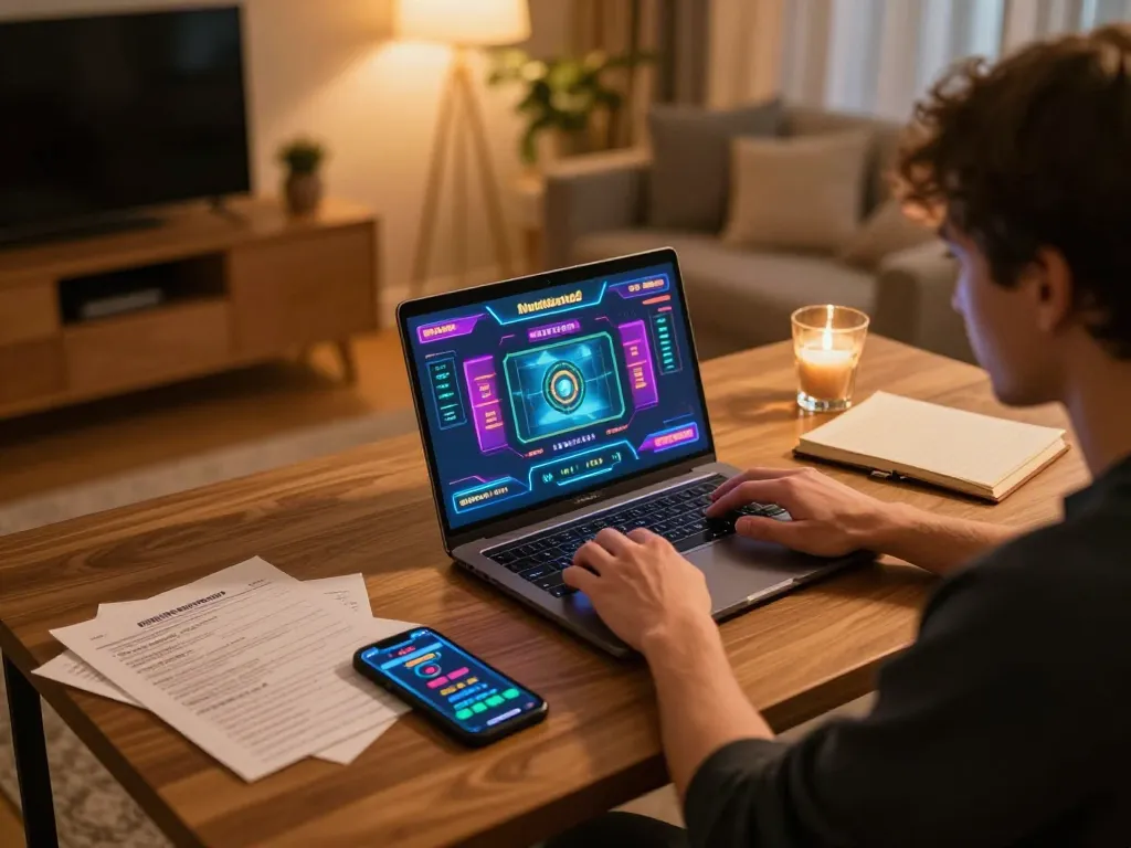 Nohu90 player engaging with a laptop for online gambling, showcasing immersive gameplay experience.