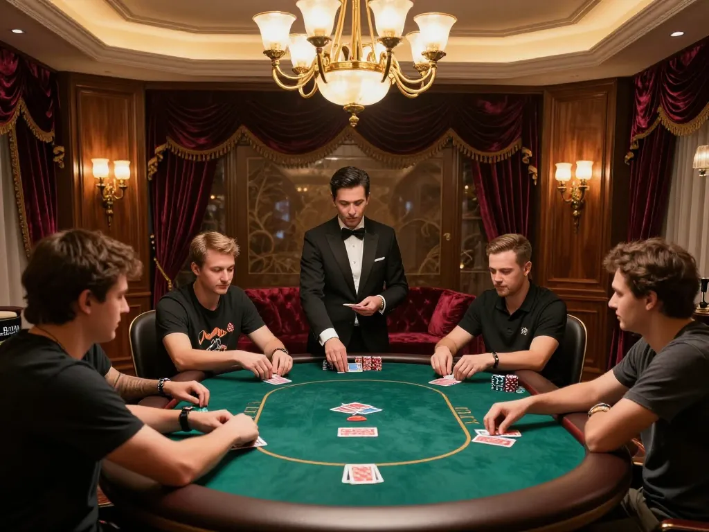 Players at a high-stakes poker game in an elegant room featuring bl555 branded chips and cards, emphasizing strategic gameplay.