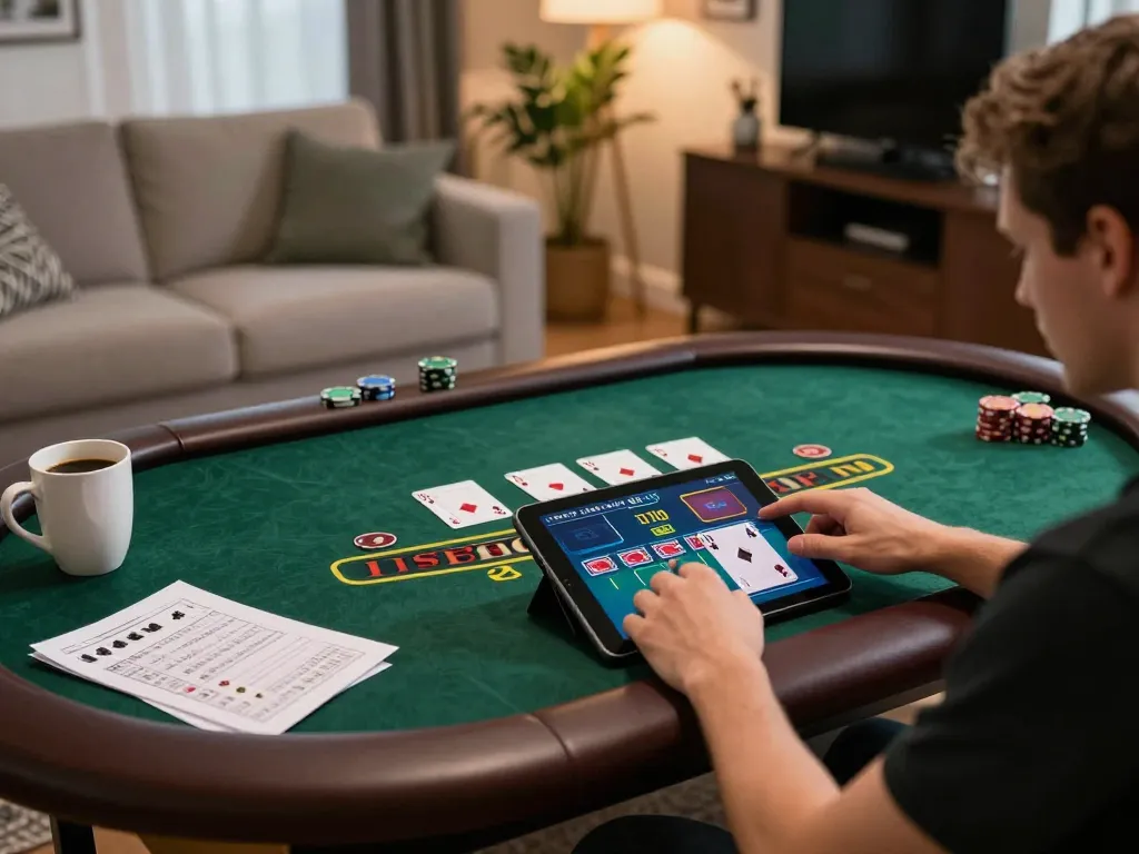 Engaging user plays blackjack on 789Win tablet with strategy notes nearby.