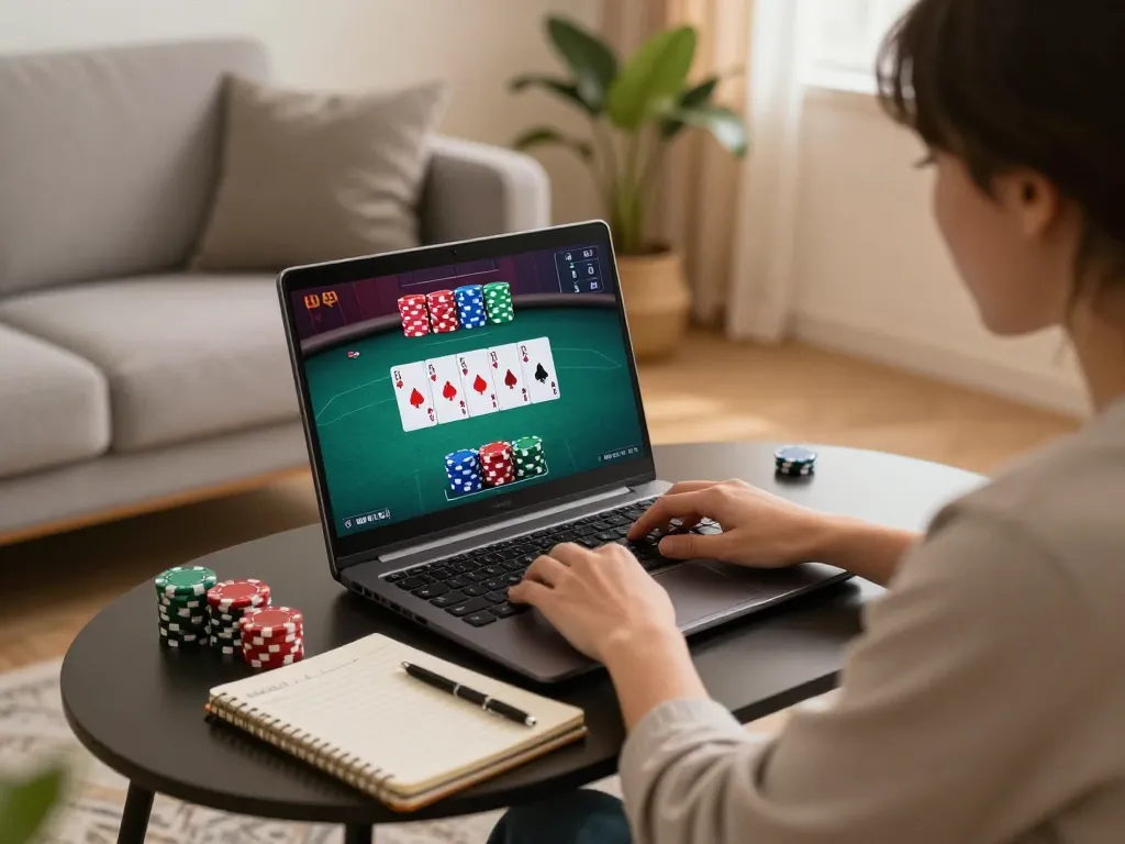 Player analyzing strategies on gmnc while watching poker cards on a laptop screen