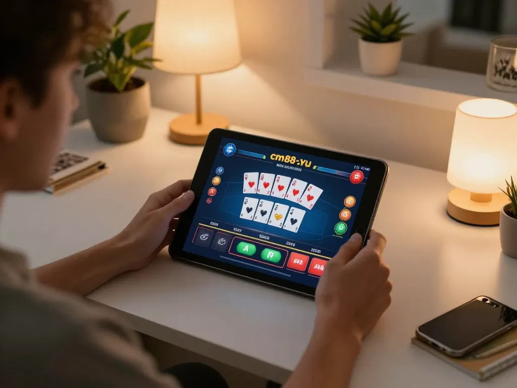 Player engaging with cm88-yu poker game on tablet, showcasing strategic online gaming at home.