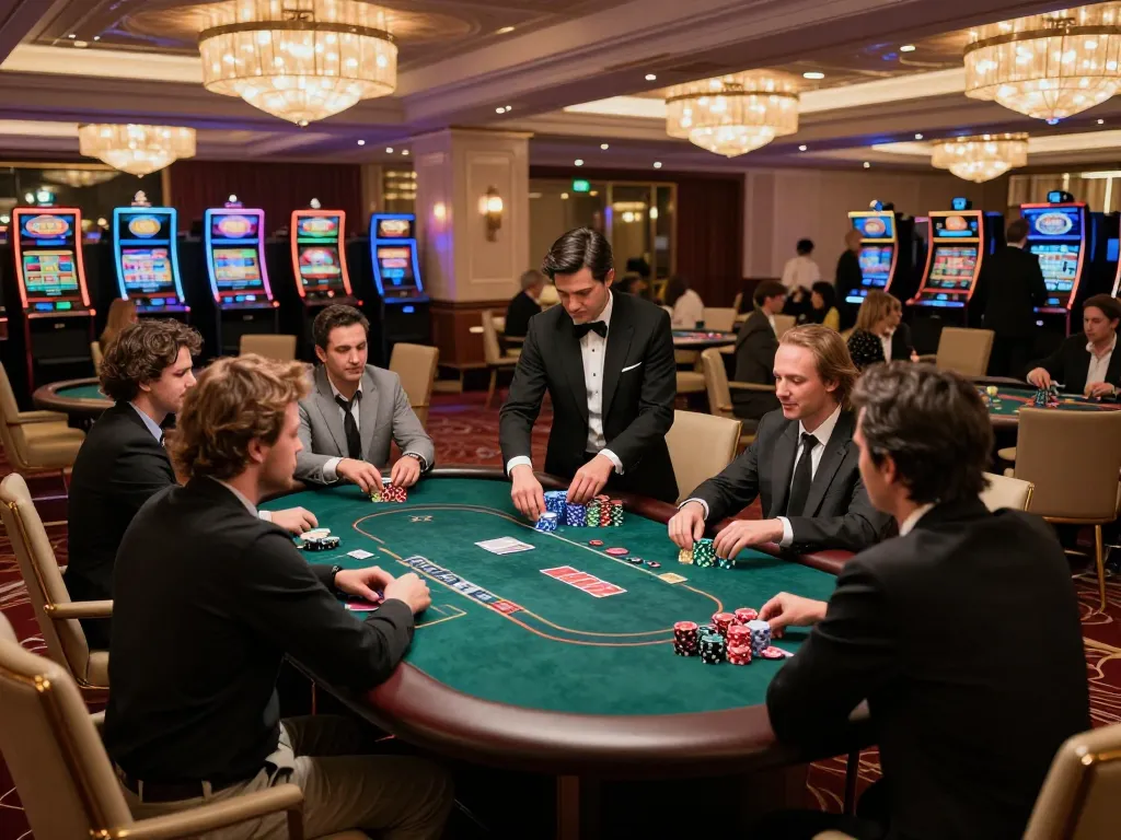 Engaged players at a VIP poker table in a luxurious casino setting showcasing 58win excitement.