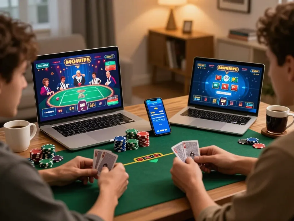 Engaged players at home using nhà cái c168 app for poker, showcasing dynamic gameplay interactions.