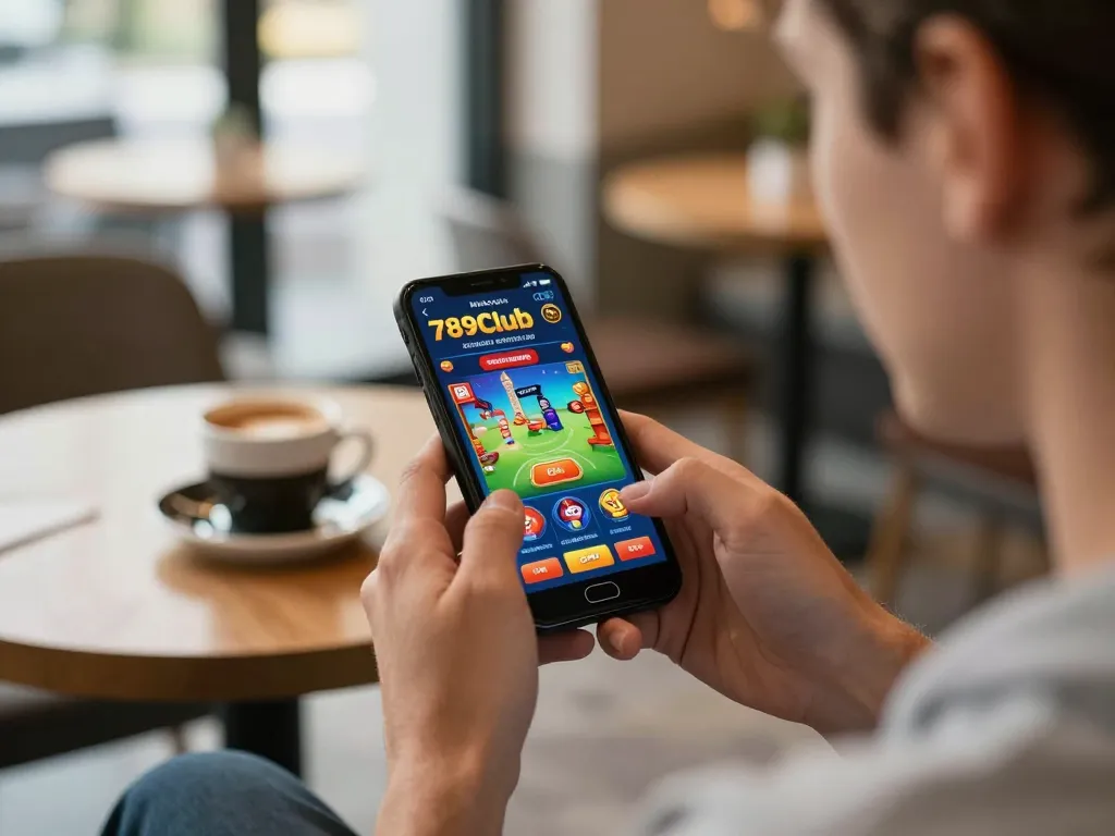 Player enjoying 789Club mobile app for an exciting gambling experience in a cozy cafe