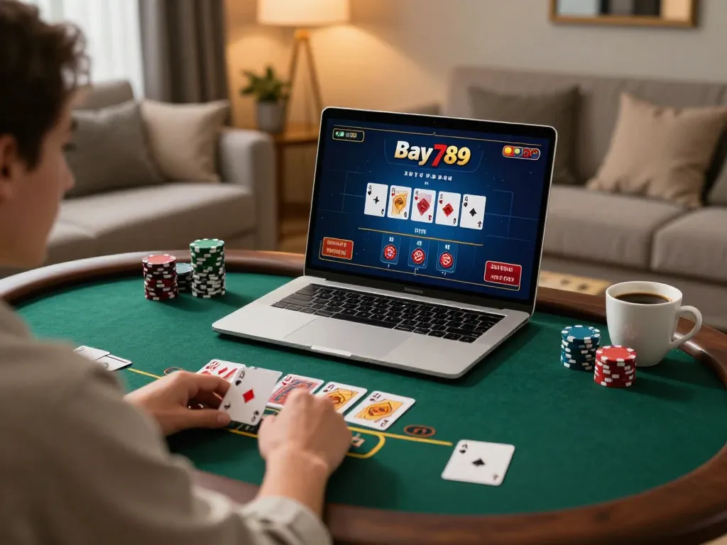Player enjoying live dealer blackjack on Bay789 platform in a cozy home atmosphere.