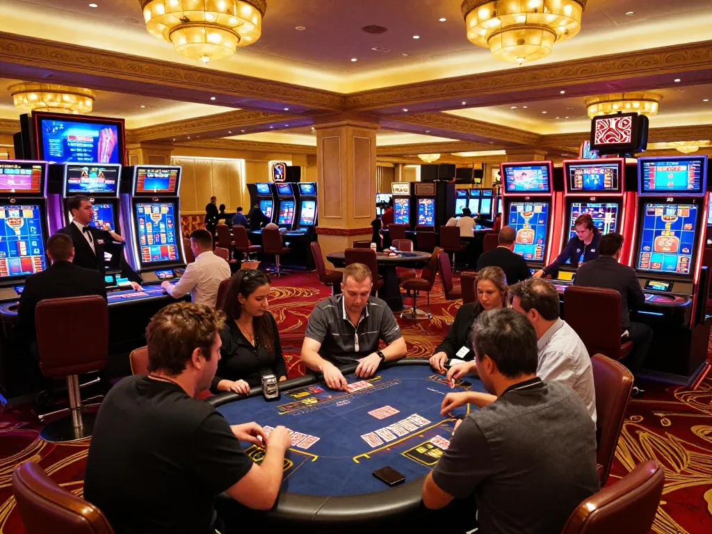 Players engaging in high-stakes gameplay at win68 casino tables in a vibrant Las Vegas setting