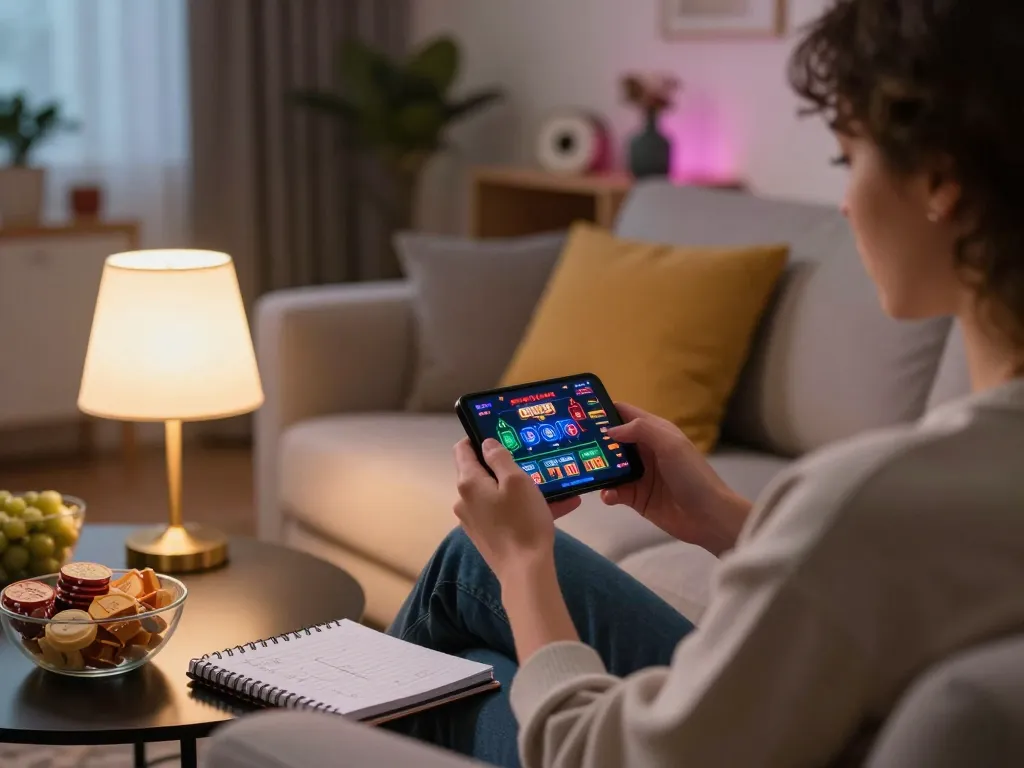 Engaging moment of a player using the 98win mobile app for online casino gaming, showing a vibrant home setting.