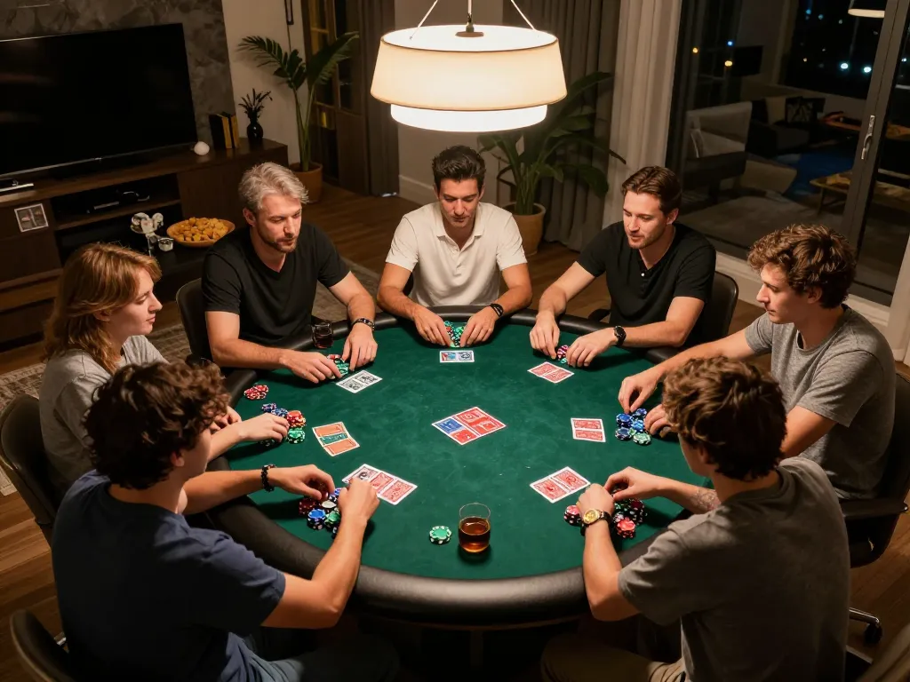 Players enjoying a thrilling poker game at home while engaging with the kk55 platform for online betting.