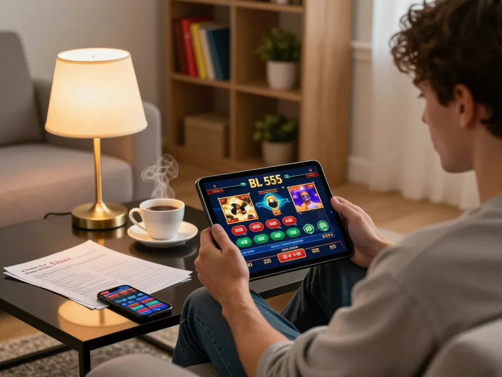Engaging with the BL 555 online casino on a tablet, showcasing a cozy gaming setup at home with strategy notes and a warm atmosphere.