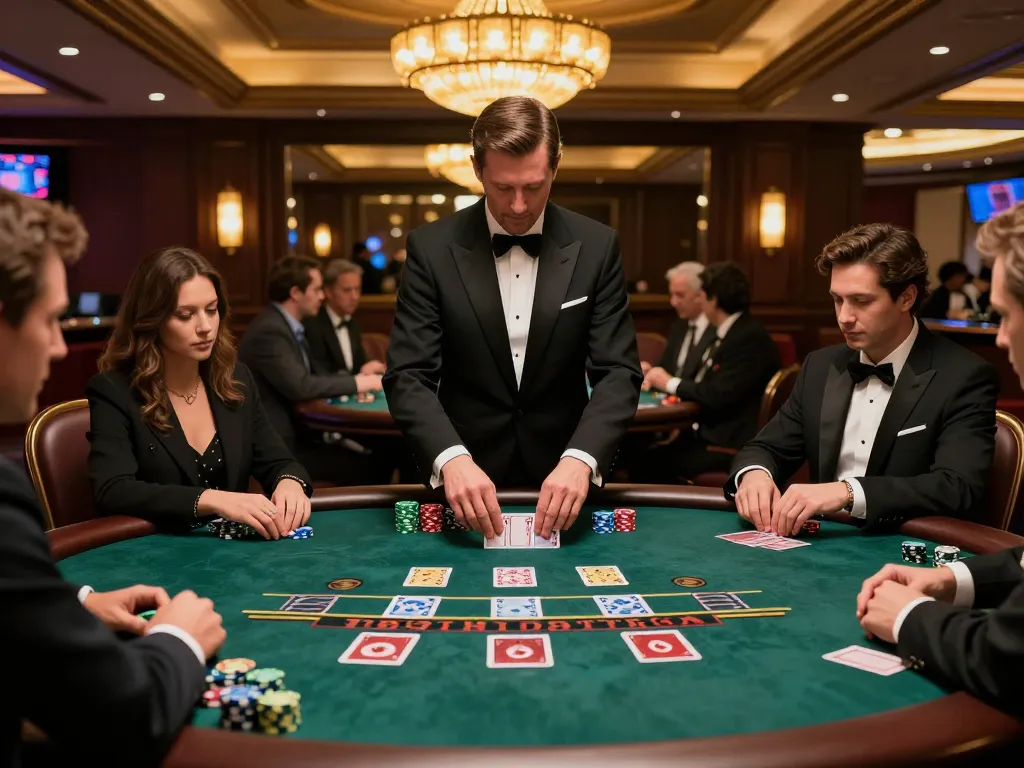 Players at sv66 blackjack table strategizing bets in a luxurious Vegas casino atmosphere.