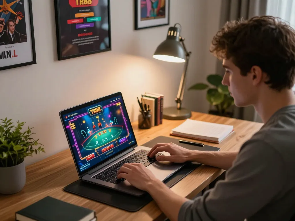 Player engaged in a thrilling online TR88 game, showcasing cozy home gaming setup.