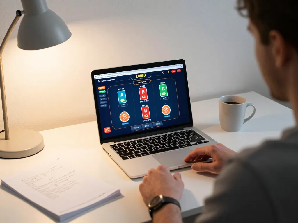 Player engaged in online poker at DV88, showcasing strategic gameplay in a cozy home setup