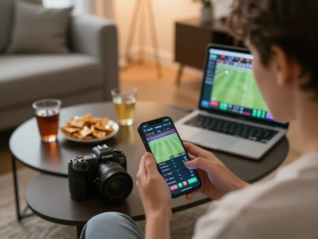 Vmax sports betting on smartphone during live game, showcasing excitement and strategic engagement