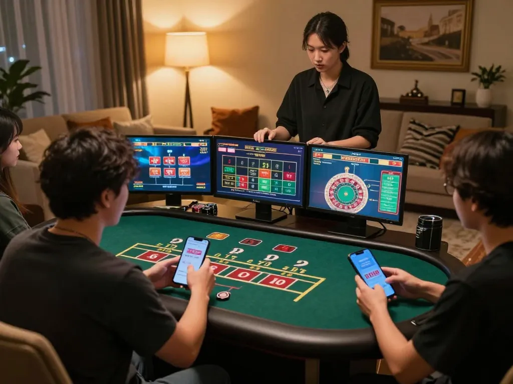 Players engaging in online QQ88 games with live dealers from home using tablets and smartphones