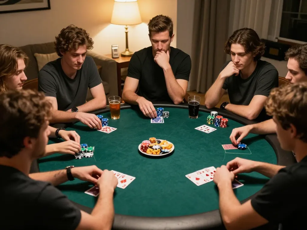 Friends engaged in a friendly poker game at home, showcasing strategy and excitement with 789WIN competitive spirit