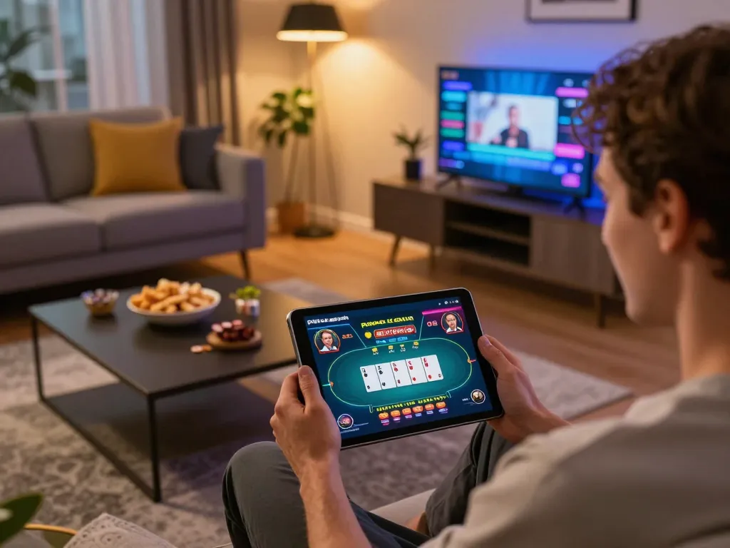 Player engaging with phdream gcash betting platform on tablet, showcasing an exciting home gaming scene