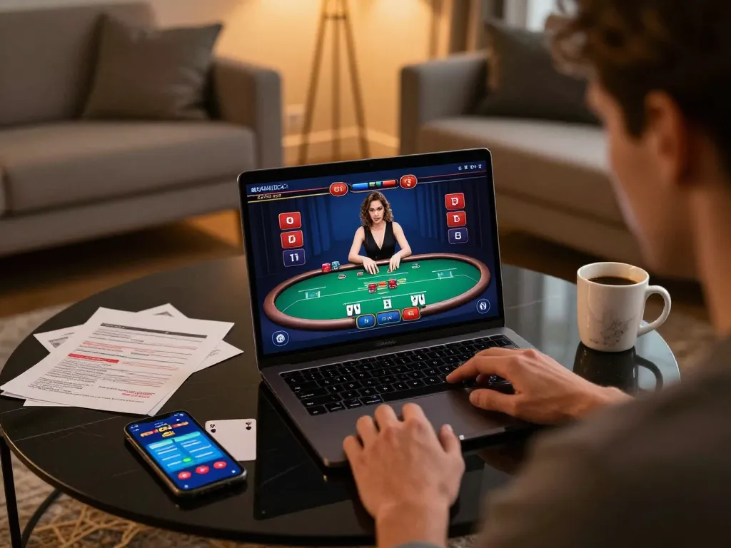 C168 poker player's dynamic online gaming strategy in an elegant home setup showcasing laptop and notes.
