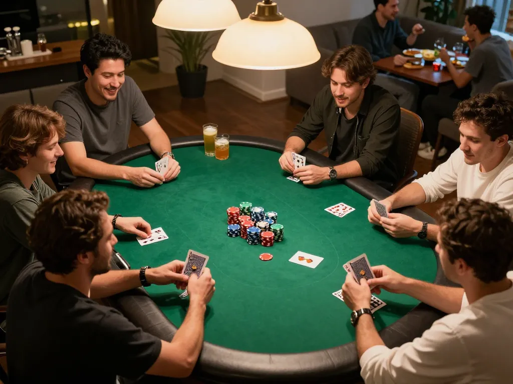 Players engaging in a thrilling home poker night at 888top, surrounded by snacks and drinks.
