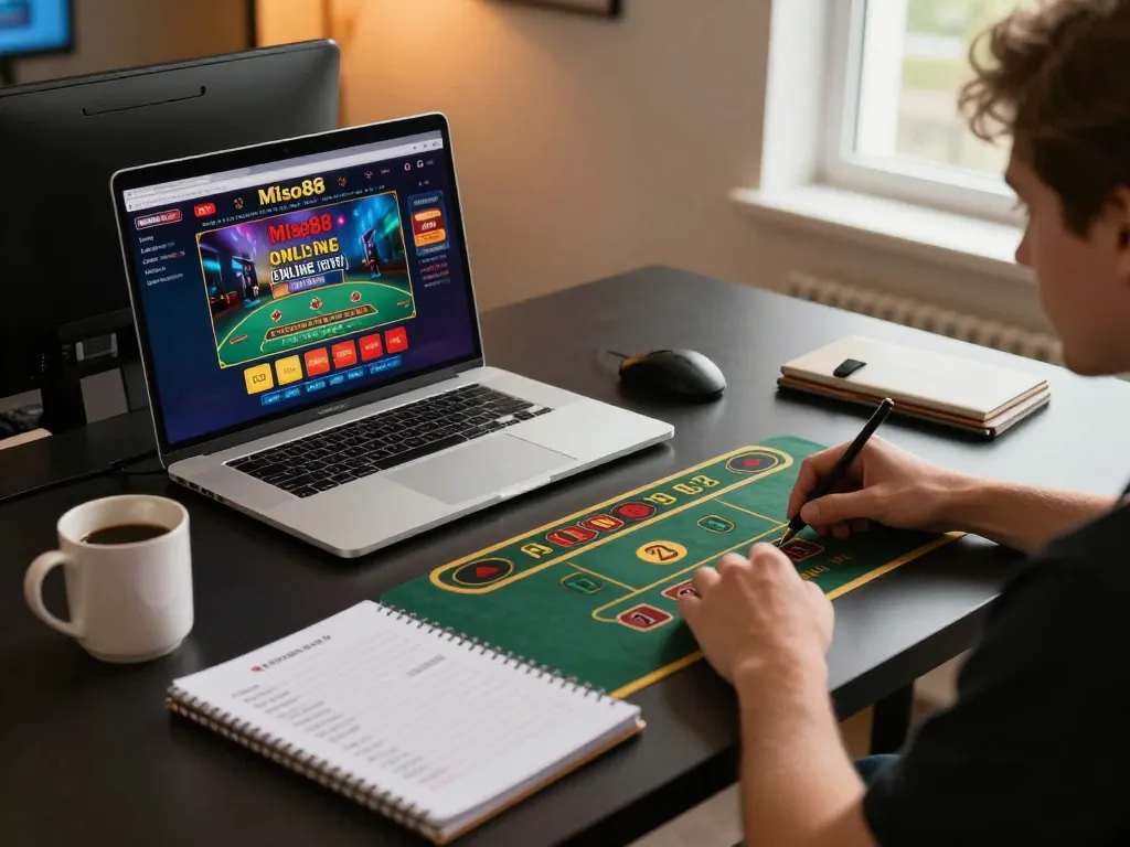 Miso88 player engaging in online gaming with a laptop showcasing a live dealer game interface.